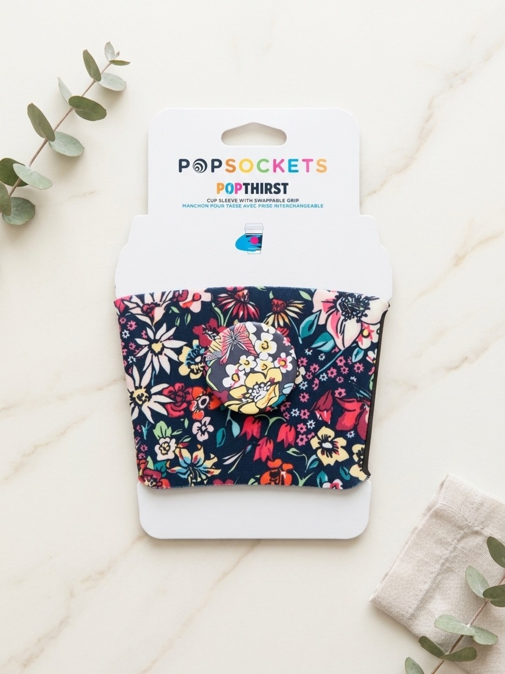 PopSocket PopThirst Floral Cup Sleeve with Swappable Grip - Navy Multi